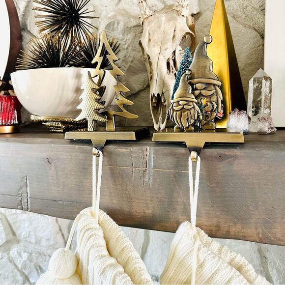 NEW ANTHROPOLOGIE Brass Gold Stocking Holders Snowflake Tree Snowman Gnome Set 4 - Picture 3 of 16
